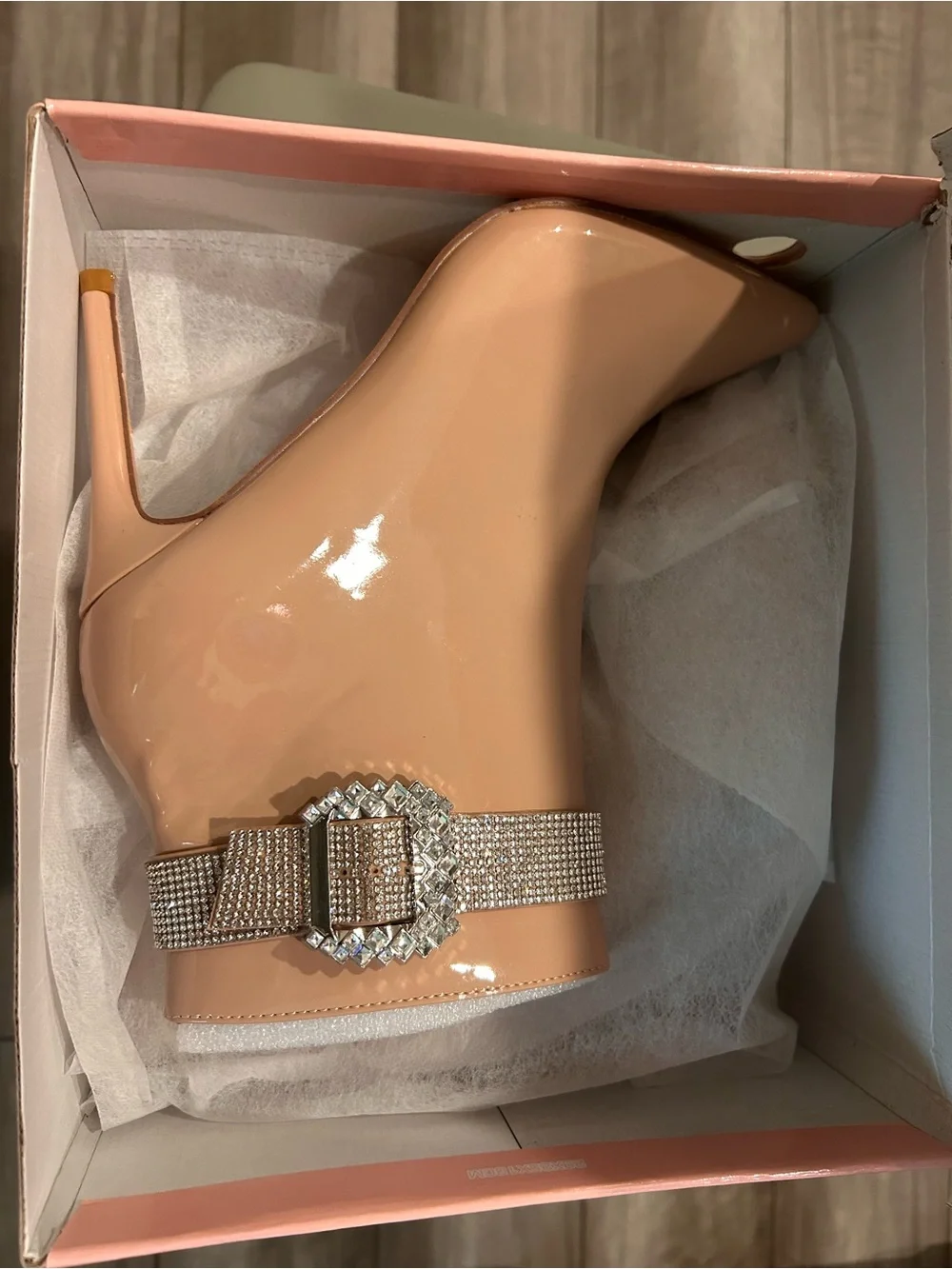 Nude Patent Rhinestone Buckle Ankle Bootie